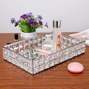 Silver Plated Rectangle Mirror Tray & Sparkling Bevelled Glass Crystal Jewels