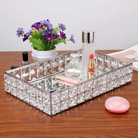 Silver Plated Rectangle Mirror Tray & Sparkling Bevelled Glass Crystal Jewels