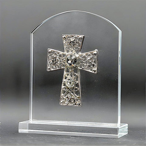 Orthodox Silver Plated Diamante Cross Glass Icon Plaque Stand