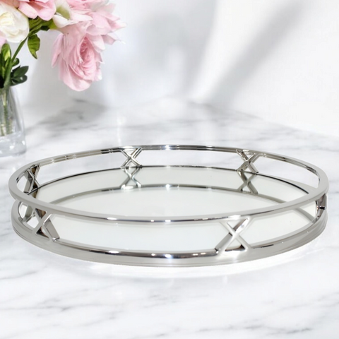 Silver Plated Round Ten X Decorative Deluxe Mirror Tray
