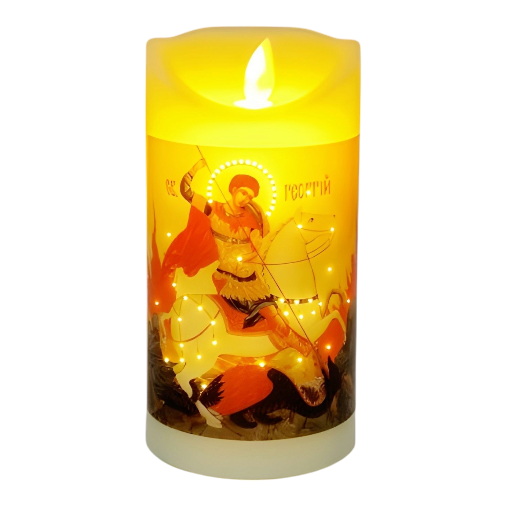 Orthodox Saint George religious LED Light Up Flameless Pillar Candle with battery and USB power powered LED Light Up Candle