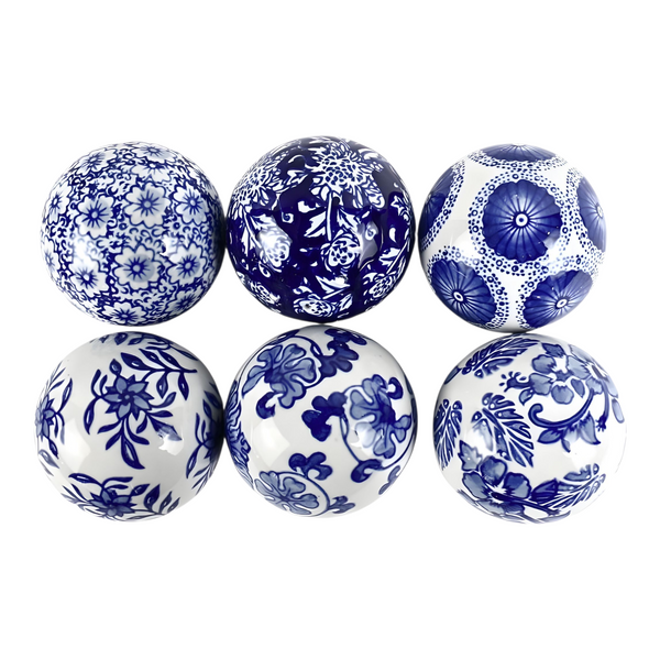 Set 6 Blue & White Floral Ceramic Decorative Tabletop Balls