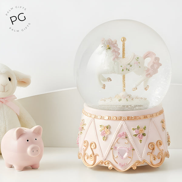 Children's Pink Musical Horse Carousel Waterball Globe