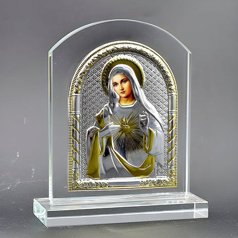 Catholic Sacred Heart Mother Mary Icon On Glass Plaque Stand