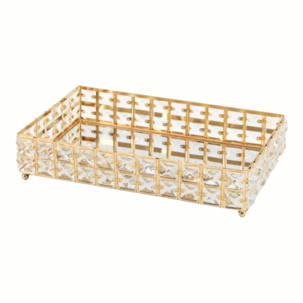Gold Plated Rectangle Mirror Tray & Sparkling Bevelled Glass Crystal Jewels