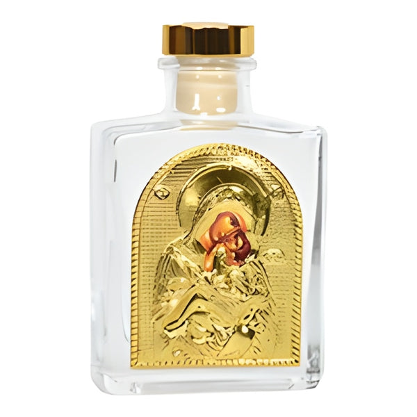 Orthodox Holy Mother Mary Icon Glass Bottle with Gold Lid