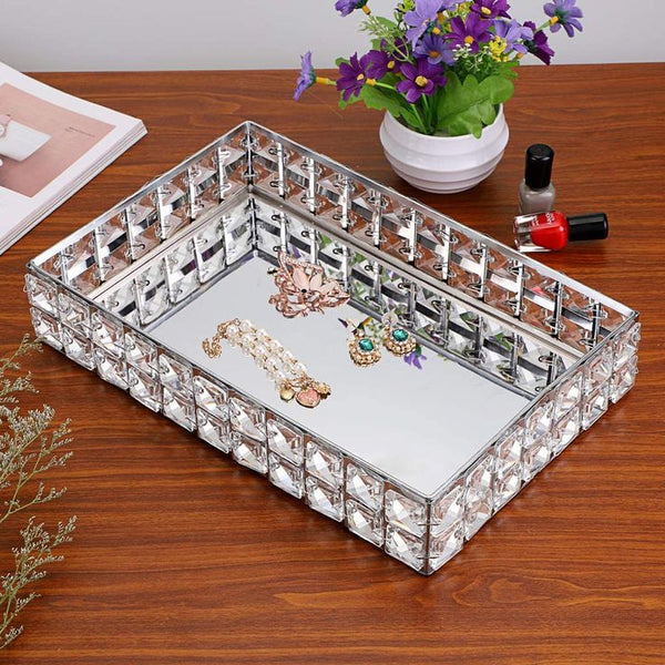 Silver Plated Rectangle Mirror Tray & Sparkling Bevelled Glass Crystal Jewels