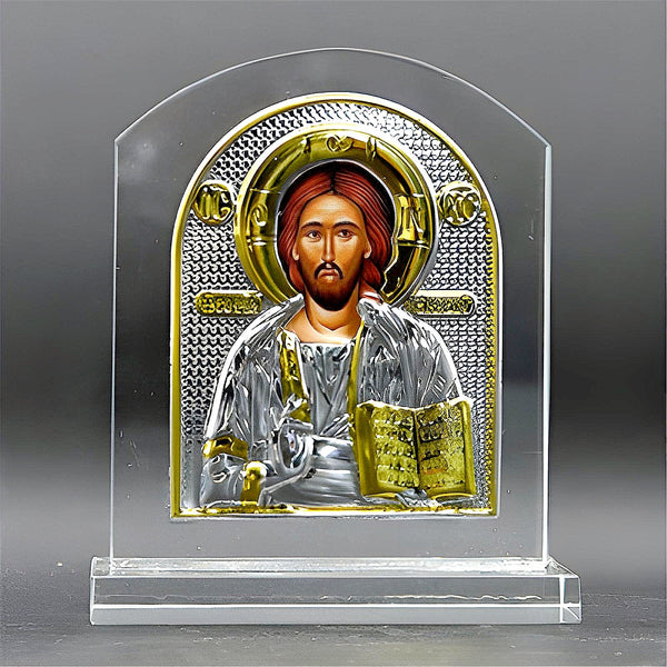 Orthodox Gold & Silver Plated Jesus Christ Glass Icon Plaque Stand