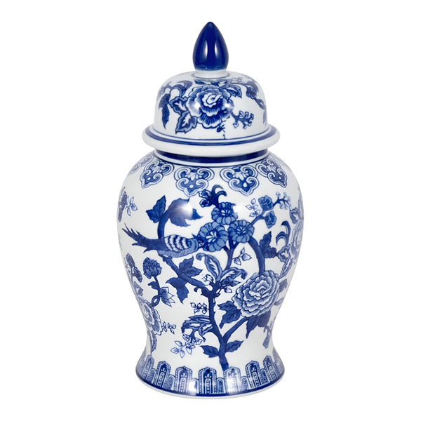 Blue & White Floral & Birds Decorative Tabletop Temple Jar