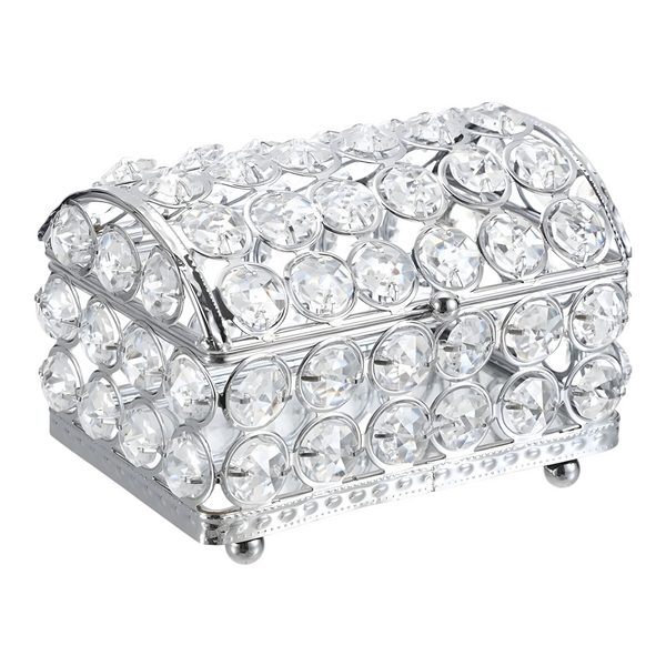 Silver Treasure Chest Jewellery Box & Sparkling Bevelled Glass Crystal Jewels