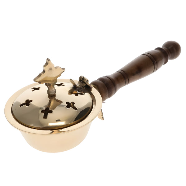 Orthodox Brass Metal Religious Incense Burner With Cross Top & Wooden Handle