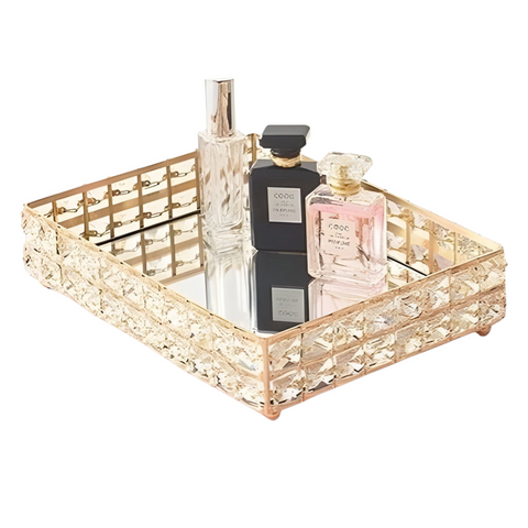 Gold Plated Rectangle Mirror Tray & Sparkling Bevelled Glass Crystal Jewels