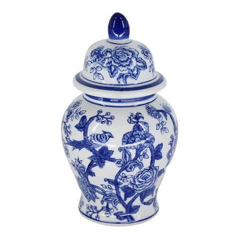 Blue & White Floral & Birds Decorative Tabletop Temple Jar