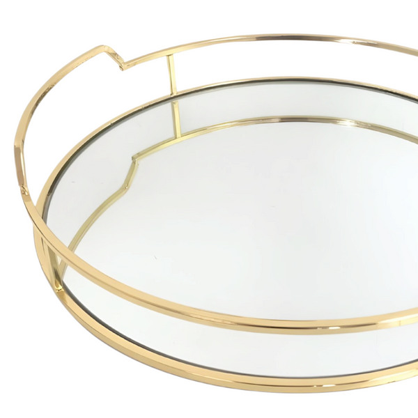 Gold Plated Round Decorative Deluxe Mirror Tray