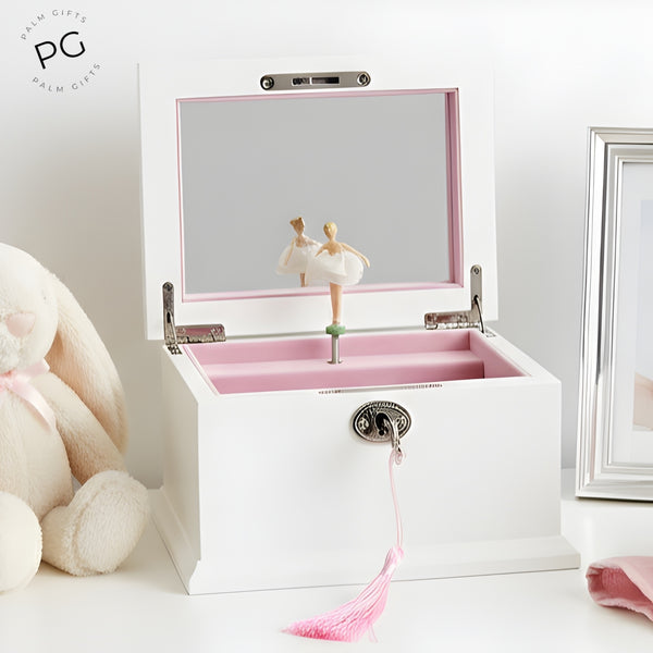 Children's White & Pink Musical Ballerina Jewellery Box & Pink Tassel Key