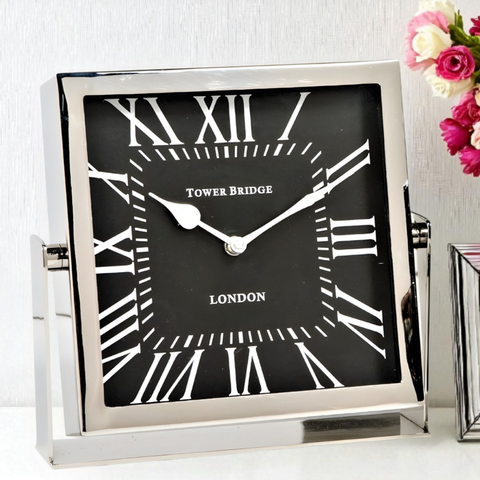 Silver Nickel Plated Square Black Face Tower Bridge Mantel Clock