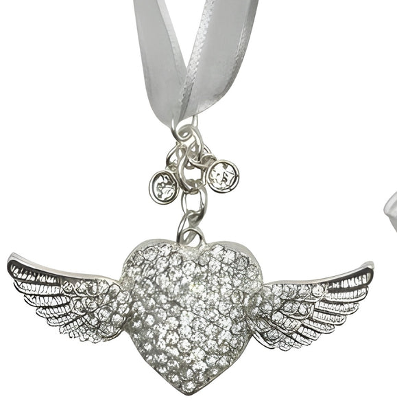 Silver Love Heart & Angel Wings with Crystal Diamantes Wedding Bridal Good Luck Charm