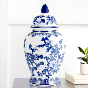 Large Blue & White Floral & Birds Decorative Tabletop Temple Jar