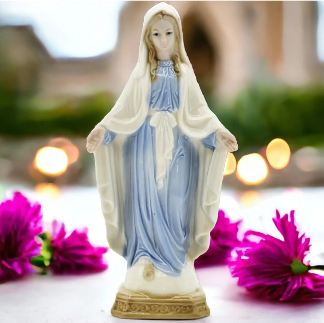 Blue & White Hail Mother Mary Praying with Open Arms Ceramic Statue