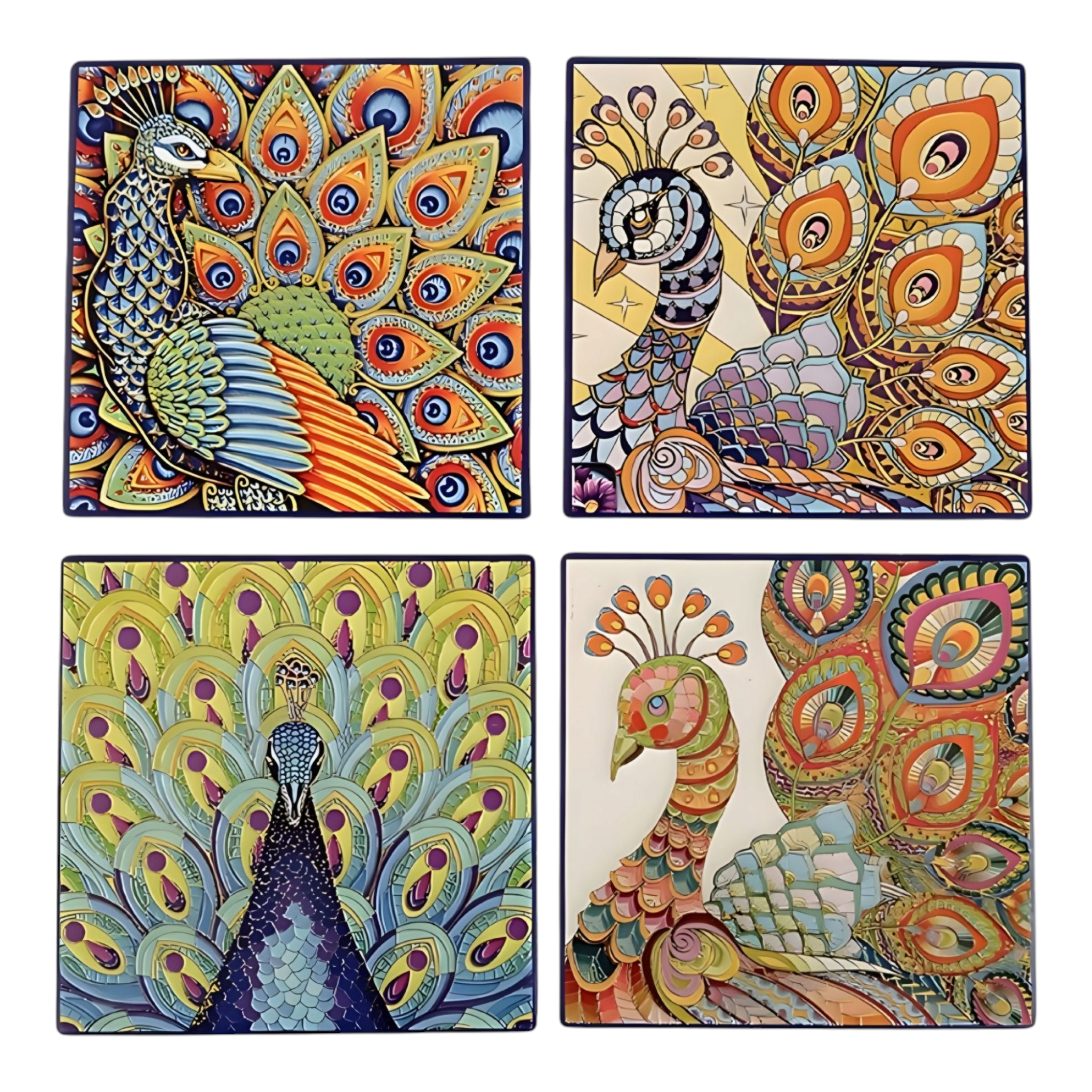 Set 4 Square Ceramic Coasters In Box- Peacocks