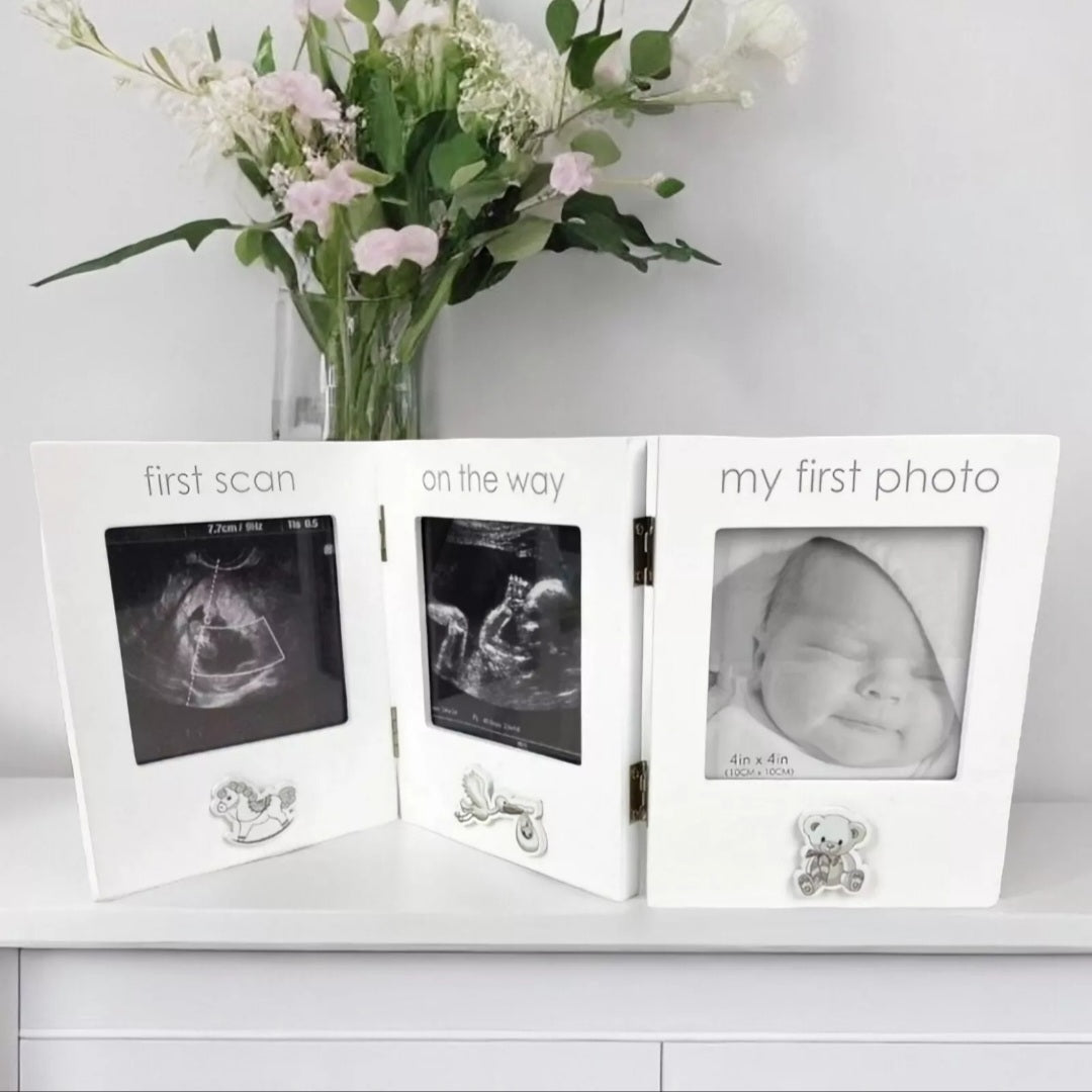 White Baby Triple First Sonogram Scan & My First Photo Foldable Photo Frame