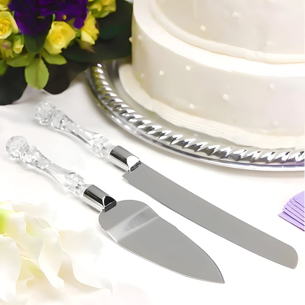 Set 2 Silver Cake Server & Knife with Clear Acrylic Handles