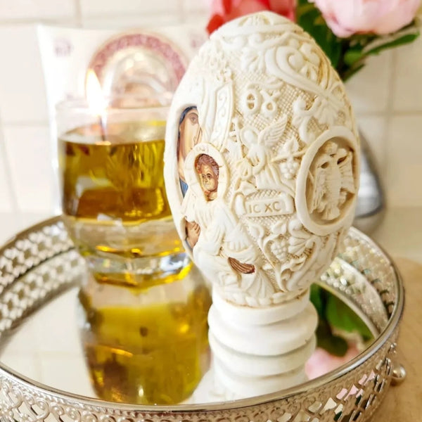 Orthodox Ivory Double Sided Holy Mother Mary & Jesus Religious Egg Ornament