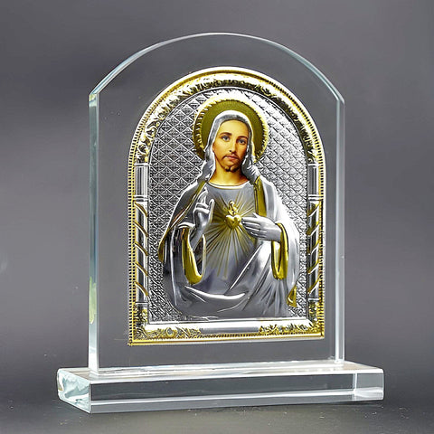 Catholic Gold & Silver Plated Sacred Heart Jesus Christ Glass Icon Plaque Stand
