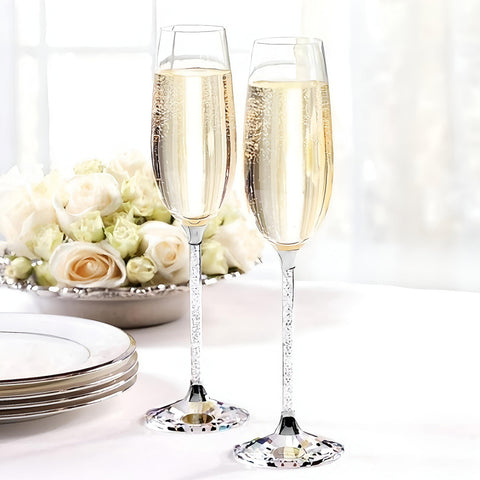Set 2 Silver Champagne Glass Flutes & Crystal Diamante Filled Stems
