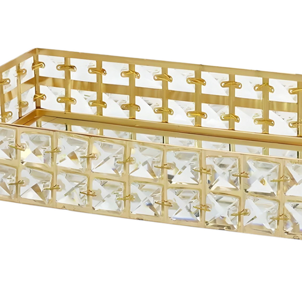 Gold Plated Rectangle Mirror Tray & Sparkling Bevelled Glass Crystal Jewels