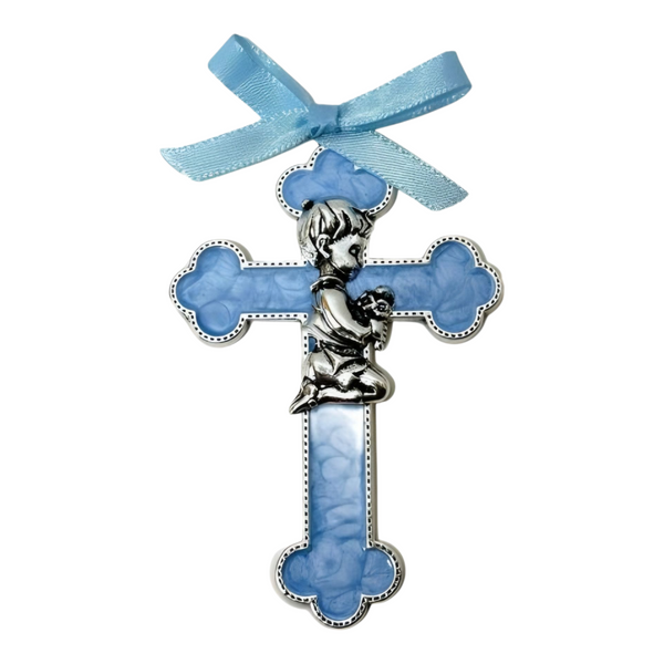 Blue Enamel & Silver Trim Baby Boy Religious Decorative Cross Charm