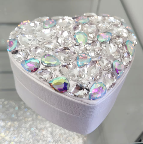 Heart Shape & Sparkling Glass Crystal Rhinestone Gems on Lid Jewellery Box