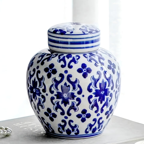 Hamptons Blue & White Floral Ceramic Decorative Ginger Temple Jar