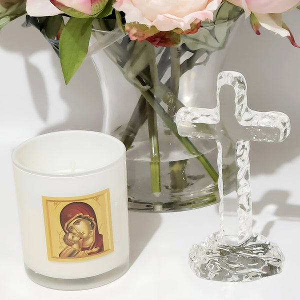 Orthodox Holy Mother Mary & Jesus Icon Wax Candle In White Glass Cup