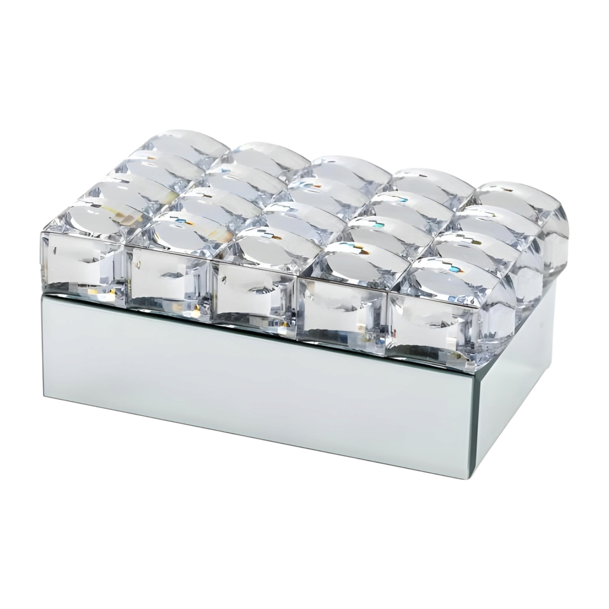 Silver Plated Rectangle Mirrored Jewellery Box & Sparkling Bevelled Glass Crystal Jewels Lid