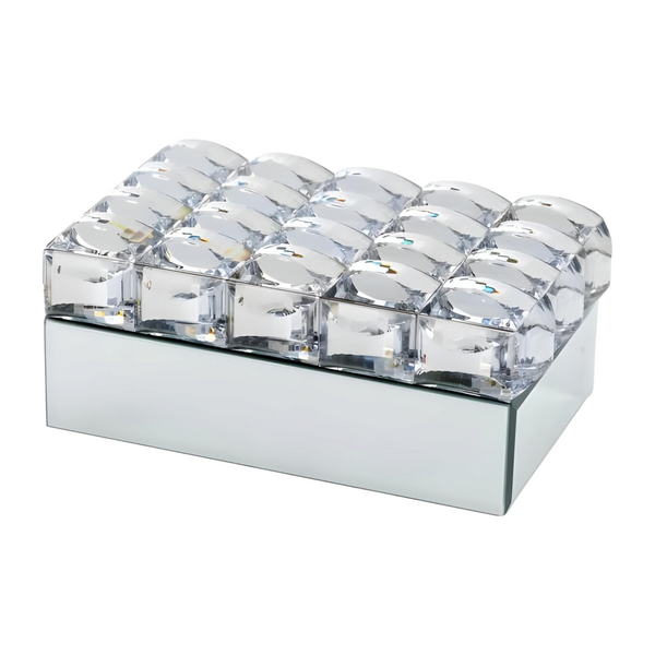 A silver mirrored jewellery box with a bevelled glass crystal jewels lid.
