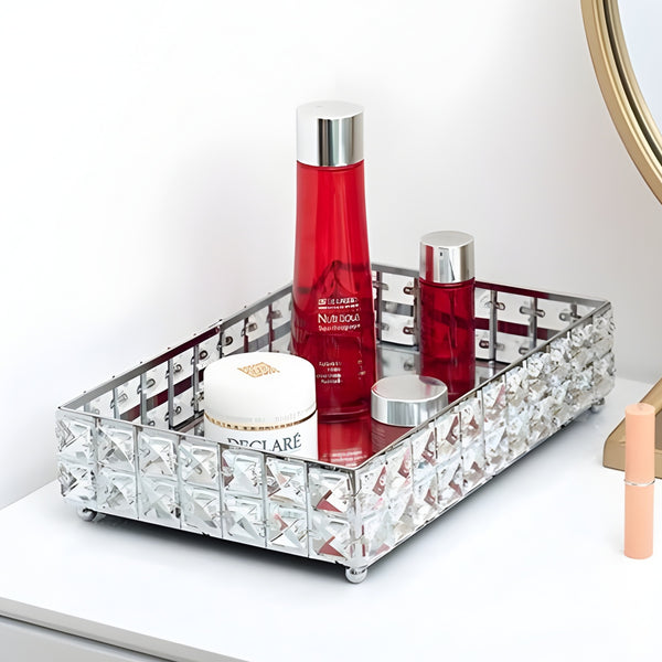 Silver Plated Rectangle Mirror Tray & Sparkling Bevelled Glass Crystal Jewels