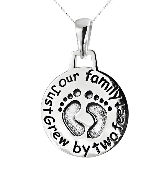 Round Sterling Silver Baby Footprints Pendant Jewellery 'Our Family Just Grew By Two Feet'