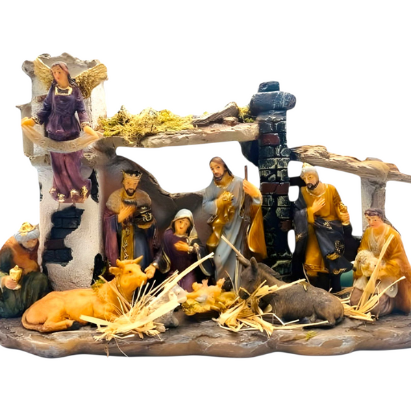 Christmas Nativity Scene Colour Figurines & Stable Display Statue