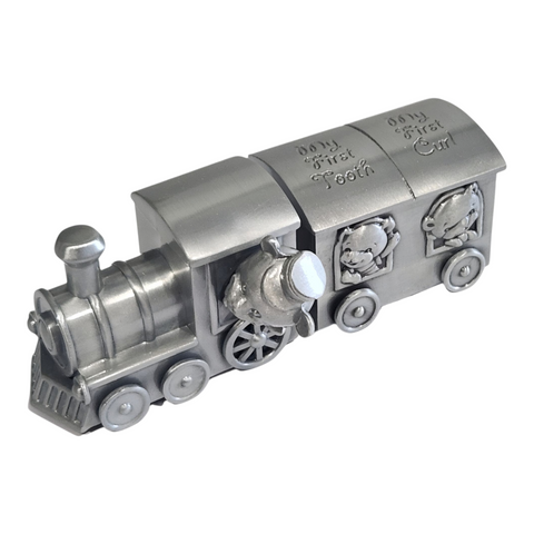 Silver Pewter Teddy Bear Train and Carriage Baby Tooth & Curl Keepsake In Satin Gift Box