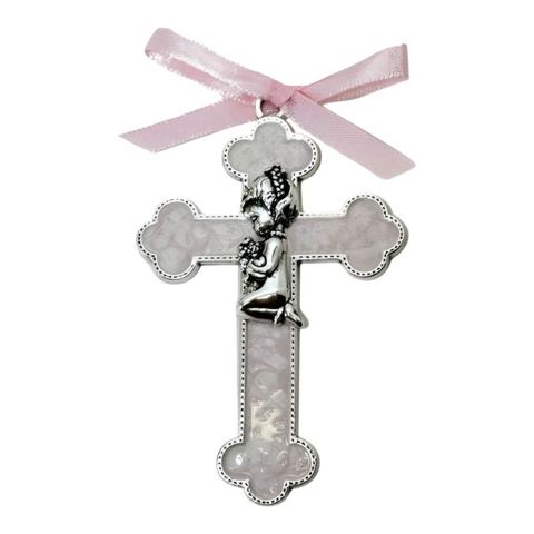 Pink Enamel & Silver Trim Baby Girl Cross Charm