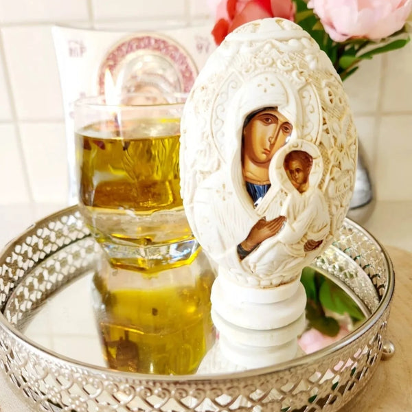 Orthodox Ivory Double Sided Holy Mother Mary & Jesus Religious Egg Ornament