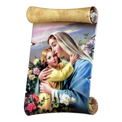 Catholic Holy Mother Mary & Child Scroll Design Ceramic Plaque