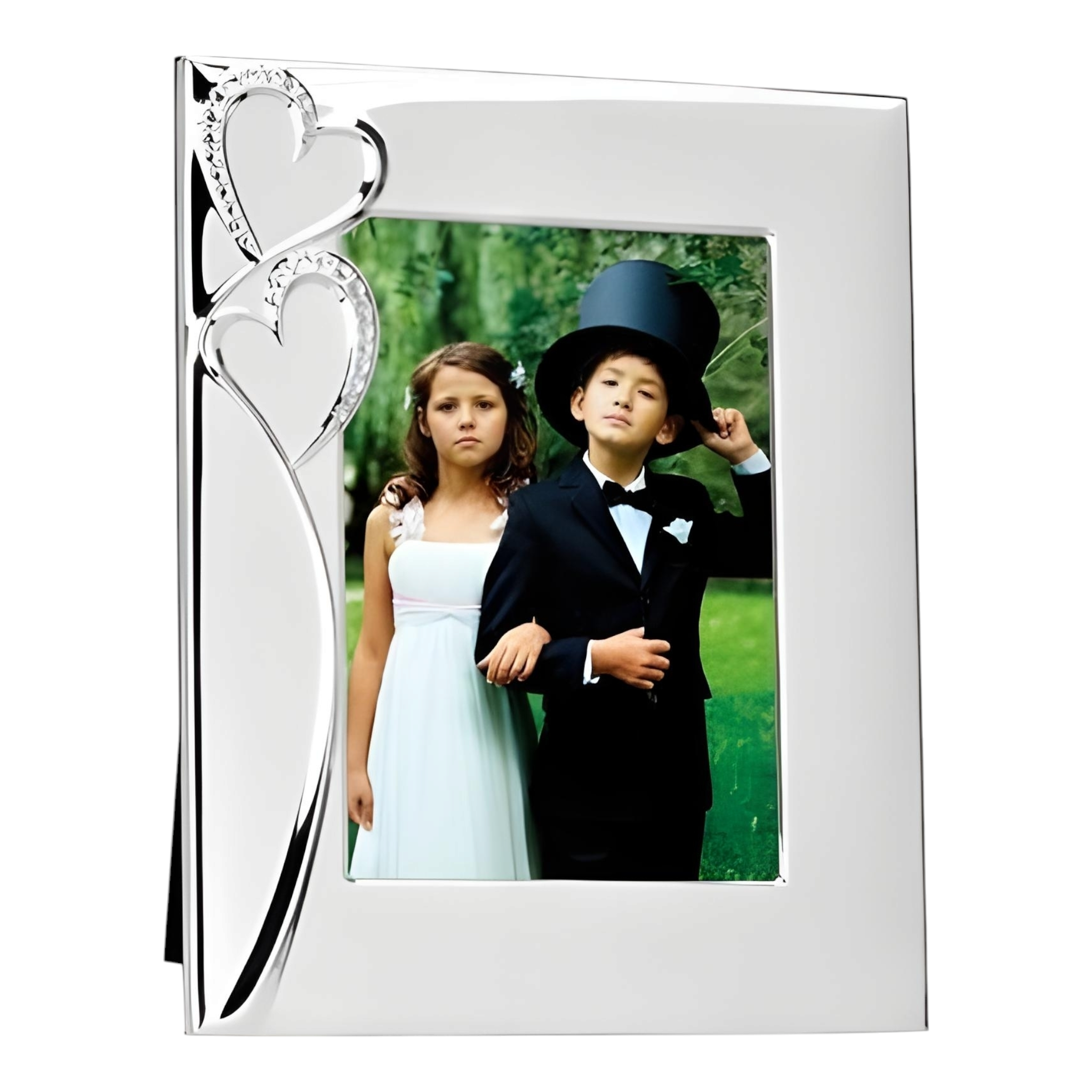 Silver Plated & Crystal Diamante Double Hearts Photo Frame- 4"x6"
