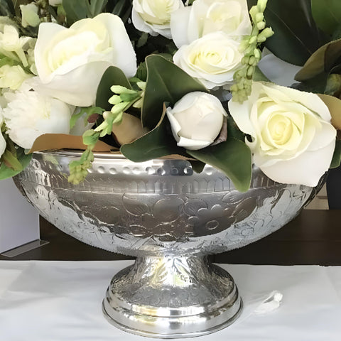 Large Silver Aluminium Embossed Decorative Tabletop Bowl