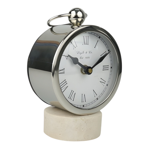 Silver Plated Round Mantel Clock On Travertine Base
