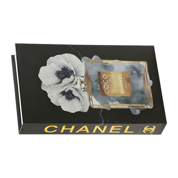 Black Coco Chanel Perfume Bottle & Flowers Designer Display Storage Book Box