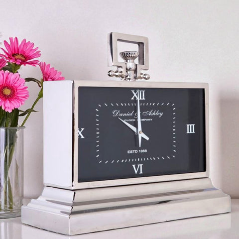 Large Silver Nickel Plated Black Face Daniel & Ashley Mantel Clock