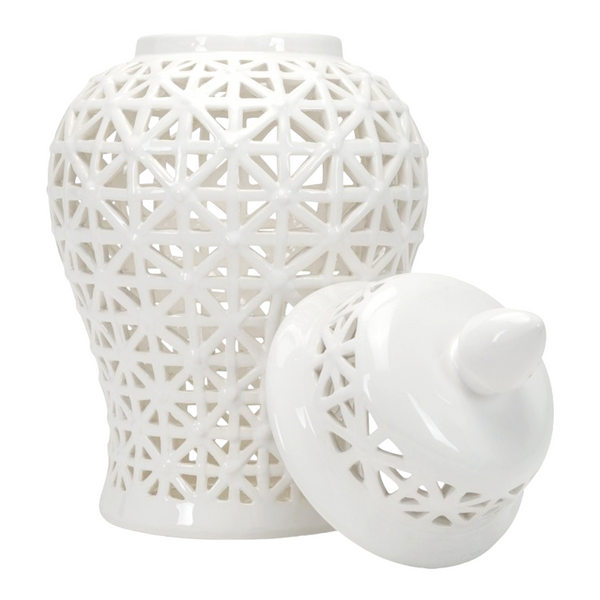 Large White Pierced Decorative Tabletop Temple Jar