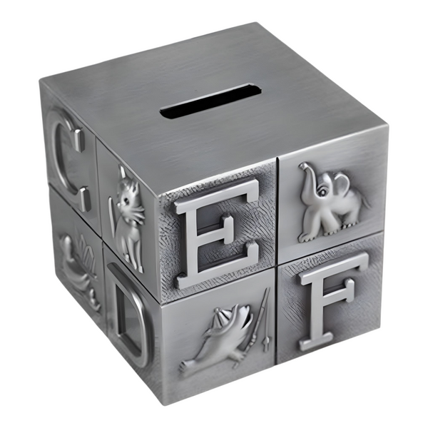 Children's Silver Pewter ABC Alphabet Cube Block Money Box